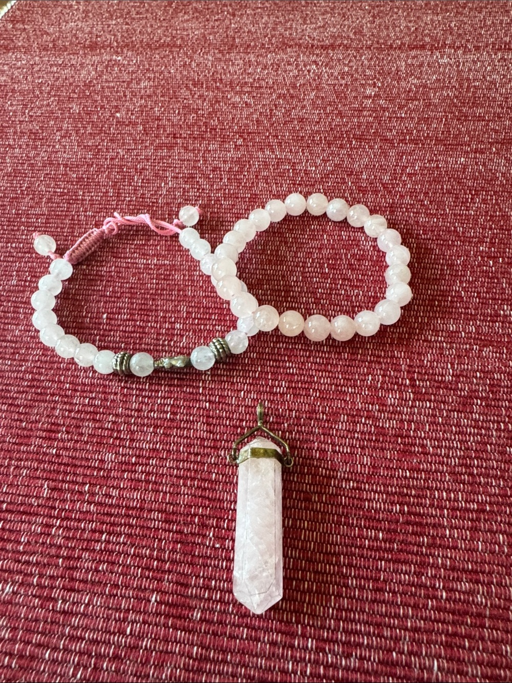 Rose Quartz Bead Bracelet Set with Pendant - Pink